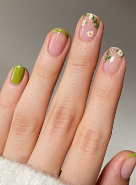 外贸绿色清新小雏菊法式欧美风可拆卸美甲片24片press on nails