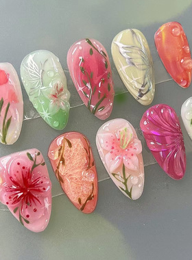 外贸立体腮红冰花气泡蝴蝶星芒ins风穿戴甲24片press on nails