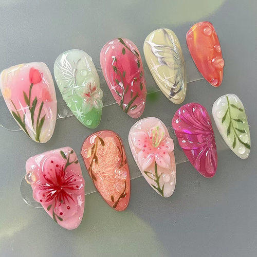 外贸立体腮红冰花气泡蝴蝶星芒ins风穿戴甲24片press on nails