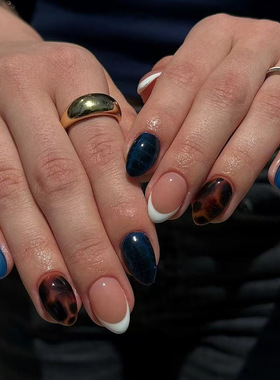 外贸复古深蓝龟纹法式晕染甜酷欧美风穿戴甲24片press on nails