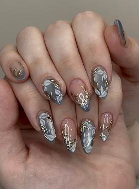 立体雾蓝猫眼鎏银树叶花朵ins风可拆卸美甲30片 press on nails