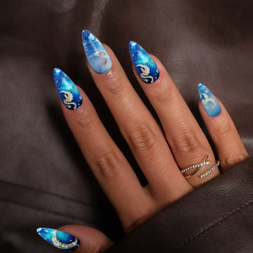 深蓝秘境小众欧美ins风可拆卸穿戴甲24片 press on nails