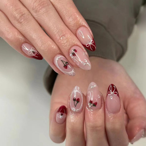 穿戴甲可拆卸美甲片樱桃指甲片珍珠美甲贴片杏仁型甲片假指甲24片