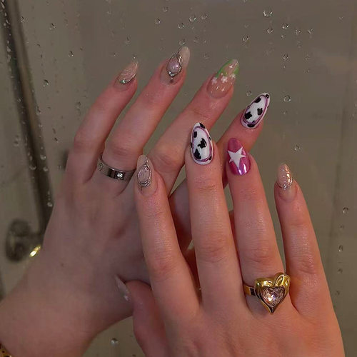 立体猫眼粉紫小花星芒百搭欧美ins风可拆卸美甲30片press on nail