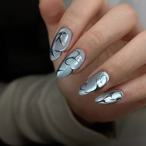 外贸立体猫眼清冷银灰金属欧美风可拆卸美甲24片press on nails