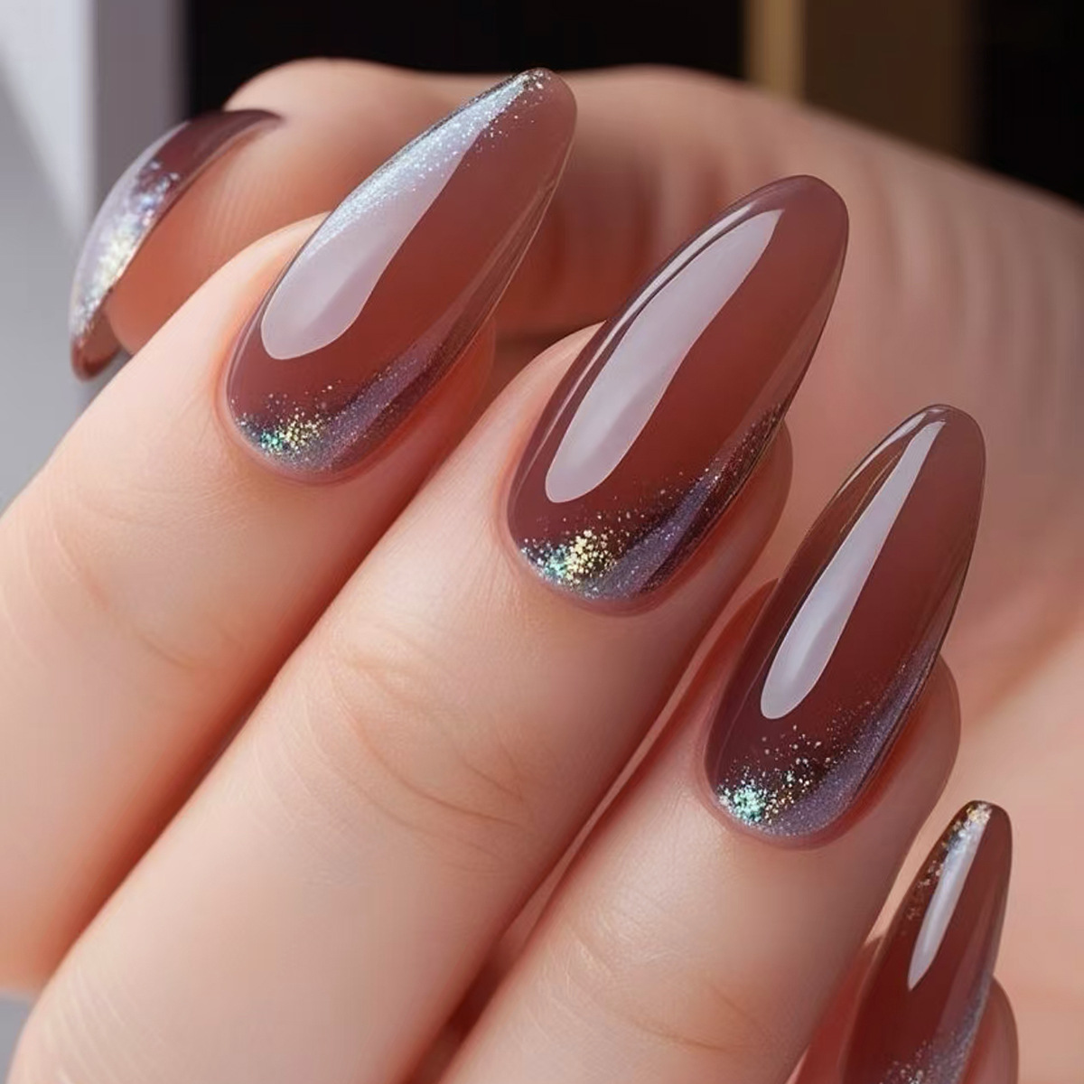 外贸复古红棕流沙细闪显白欧美ins风穿戴甲24片press on nails