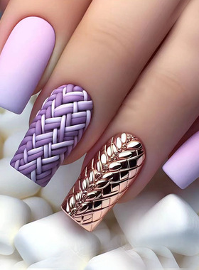 外贸穿戴甲片欧美方型紫色假指甲格子指甲贴片跨境渐变美甲片24片