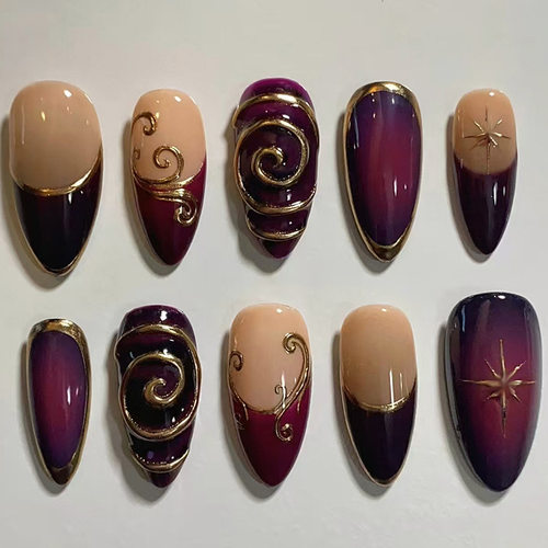 立体鎏金线条紫夜星芒法式ins风可拆卸穿戴甲30片 press on nails