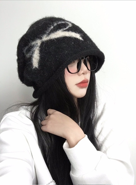 蝴蝶结黑色堆堆帽女秋冬季复古大头围保暖针织冷帽显脸小包头帽子