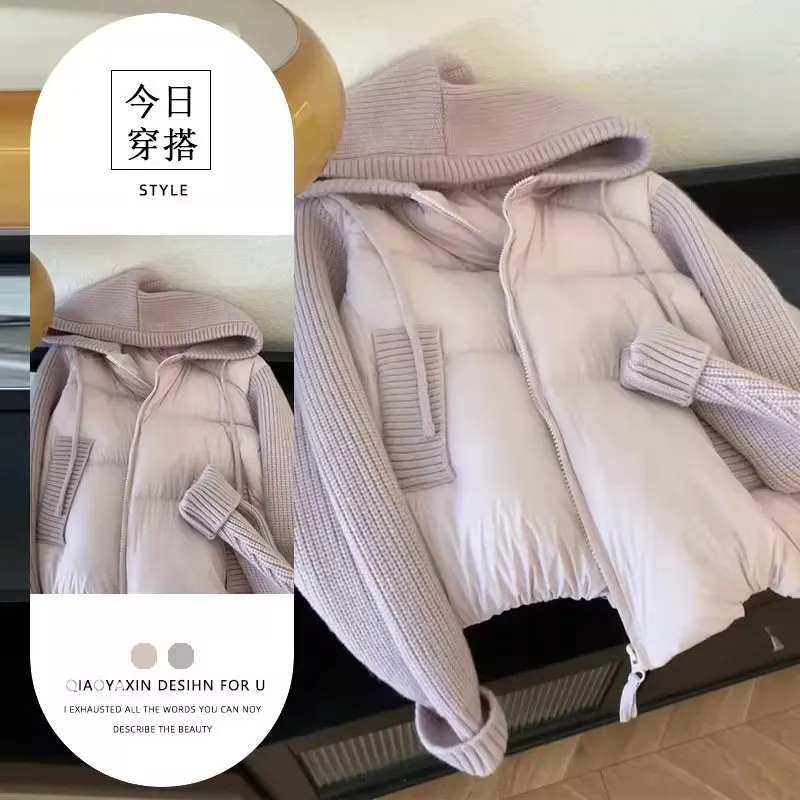 2025冬季新款设计感别致毛衣拼接棉服外套女法式气质连帽保暖棉衣