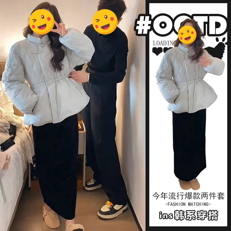 感别致穿搭两件套2025冬季中国风盘扣收腰棉服外套黑色半身裙