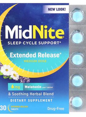 MidNite,睡眠周期支持，中等剂量，6 毫克，30 片缓释片剂