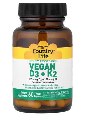 乡村生活,Vegan D3 + K2, 60 Vegan Capsules