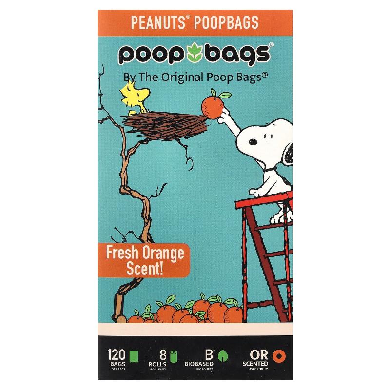 Original Poop Bags,Peanuts®, Orange, 8 Rolls, 15 Bags Each