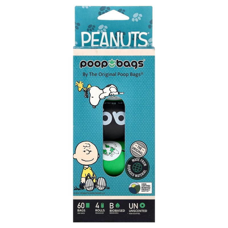 Original Poop Bags,Peanuts®, Unscented, 4 Rolls, 15 Bags Eac