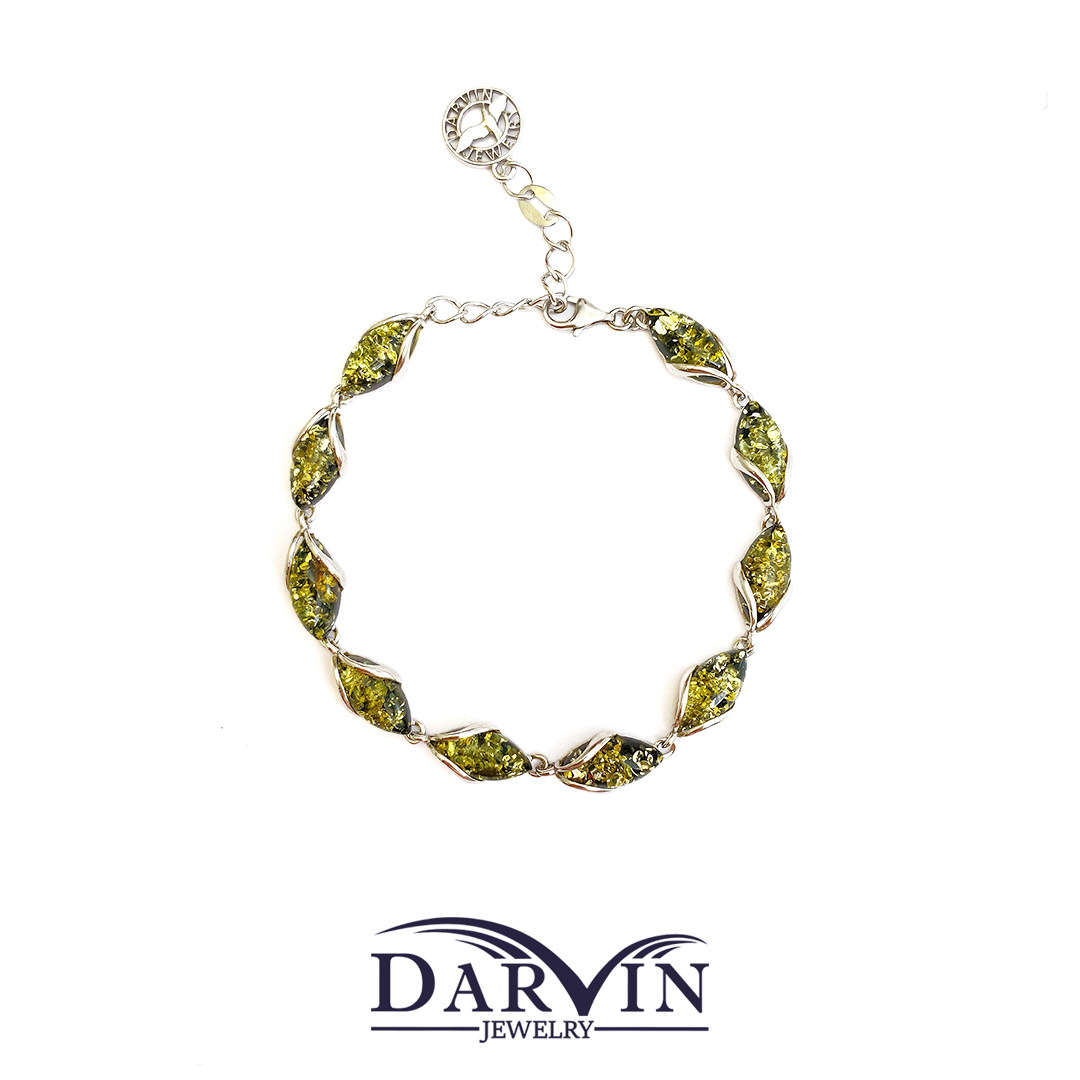 DARVIN俄罗斯进口 天然琥珀蜜蜡纯银 花珀马眼手链 设计极简风M