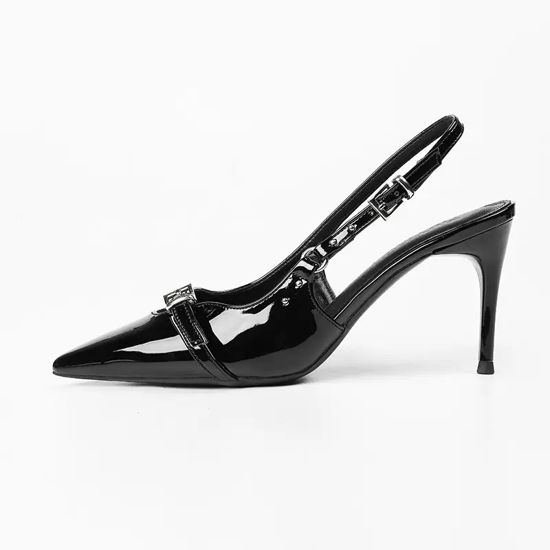 2025香港牛皮包头凉鞋女夏款法式配裙子黑色尖头后绊带细跟高跟鞋