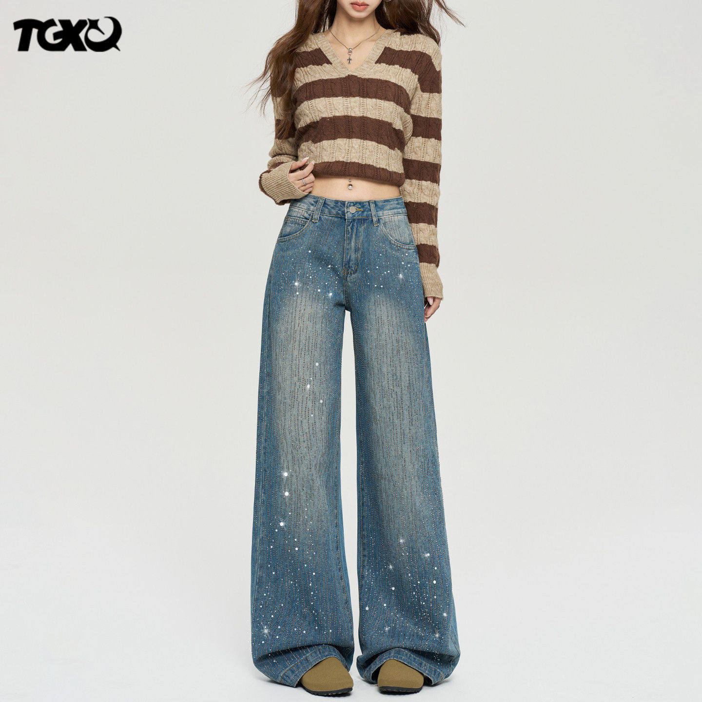 TGXQ带钻牛仔裤女2026新款辣妹满天星烫钻爆闪宽松直筒垂感阔腿裤