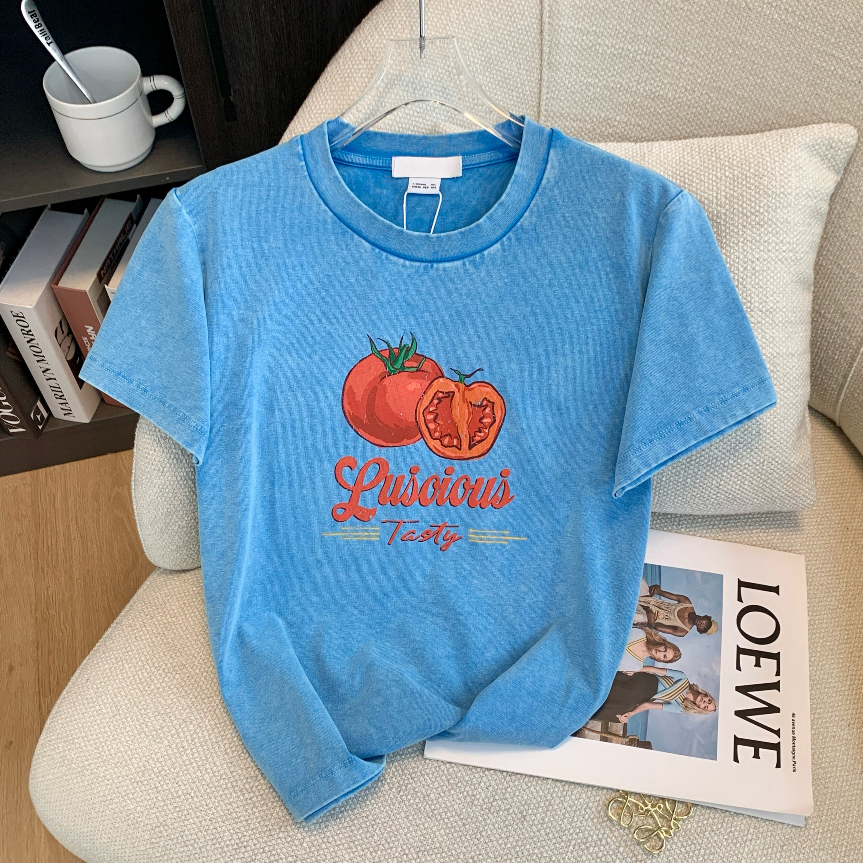 아메리칸 레트로 디스트레스드 토마토 프린트 탑 여성 여름 디자인 틈새 캐주얼 루즈 다용도 반팔 티셔츠