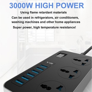 3000W Power Strip Surge Protector Universal Socket Plug with