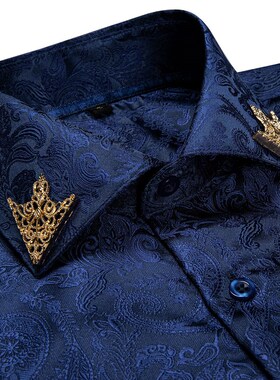 Fashion Royal Blue Paisley Men Shirts Business Casual Long S