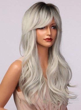 Long Wavy Black Gray Ash White Ombre Synthetic Wigs With Ban