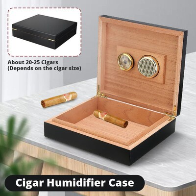 20 25 Count Black Cedar Wood Lined Cigar Humidor Humidifier