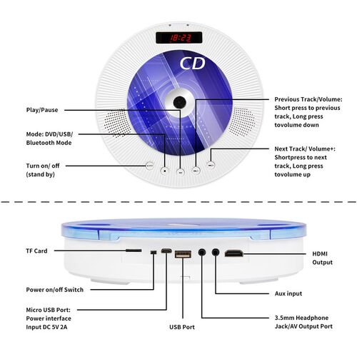 Wall Mounted CD Player 2nd Gen Support DVD Play with LED Dis
