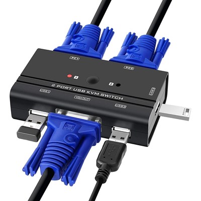 USB VGA KVM Switch with Cables, 2 Port Selector Switcher for