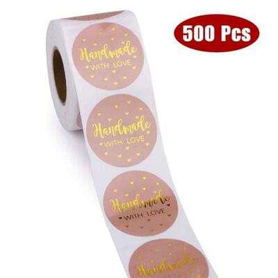 500pcs/roll Handmade with Love Stickers Gold Foil Round Seal