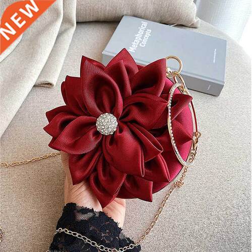 Red Flower Clutch Purse Women Round Evening Bag Crystal Di