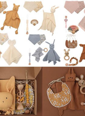 Baby Silicone Teether Wooden Rattle Toys Double Side Cotton