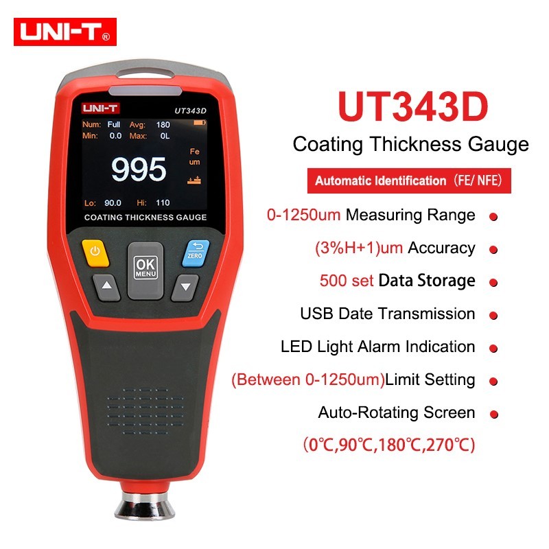 Thickness Gauge Digital Coating Gauge Meter UT343D Cars Pain