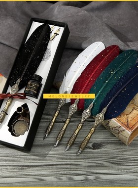 Luxury sprinkling gold Feather Pen Set Metal Pen holder Dip