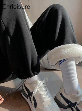 CHRLEISURE Winter Drawstring Pants Women Velvet Warm High Wa