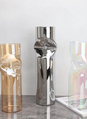 现代轻奢玻璃夹扁花瓶花器桌面摆件客厅餐厅样板间家居现代简约