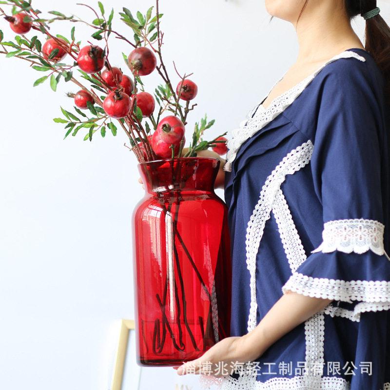 特大号轻奢大红色玻璃花富贵竹百合水培插花花器新年家居装饰品