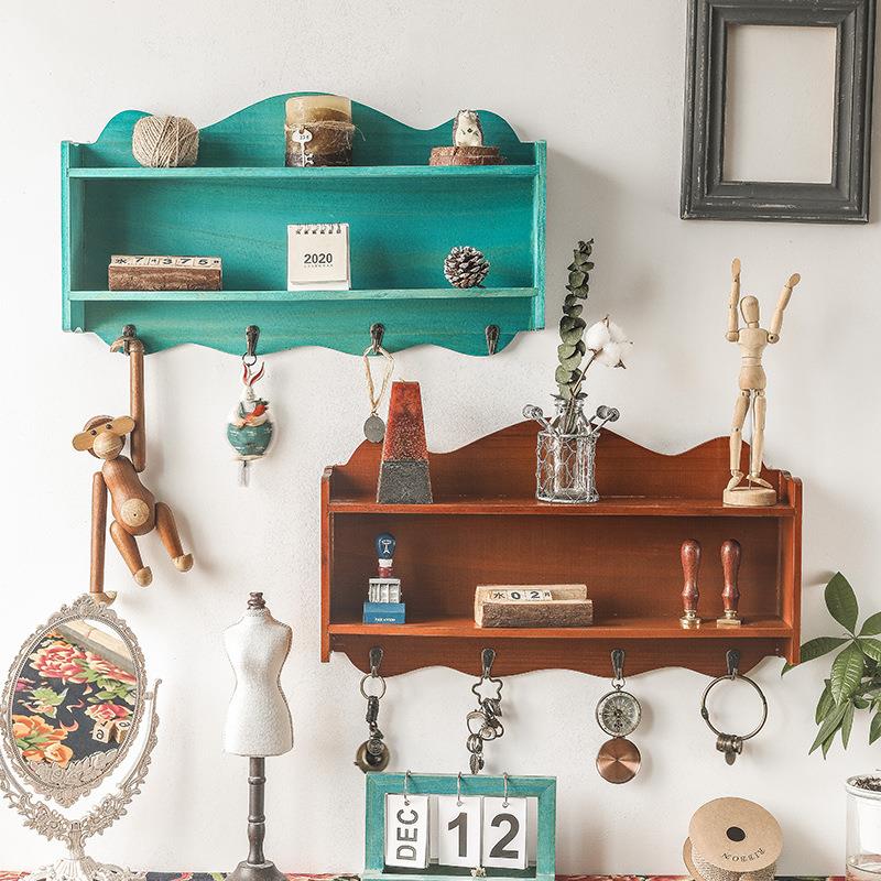玄关创意挂钩钥匙挂架门口壁挂置物架挂衣钩复古木制收纳盒双层