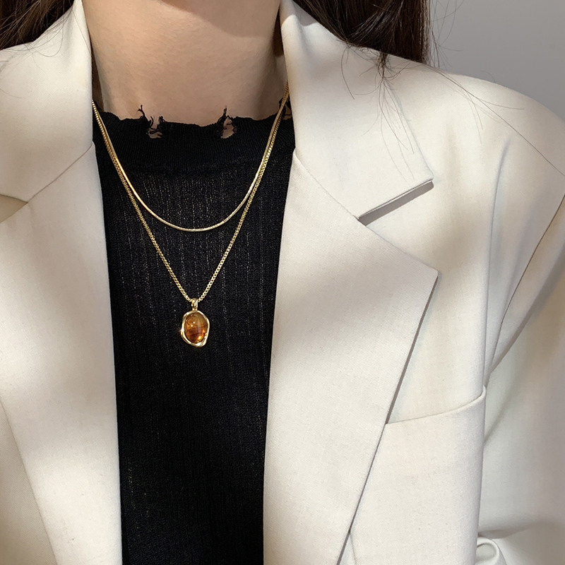 14K镀金覆古琥珀色项炼轻奢高级感异形双层毛衣炼 炼 叠节日礼品