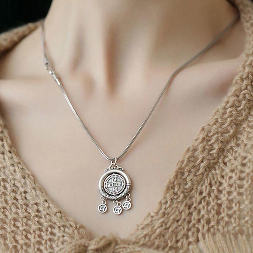 925银招财进宝吊坠女新中式铜钱流苏复古做旧小众可旋转节日礼品