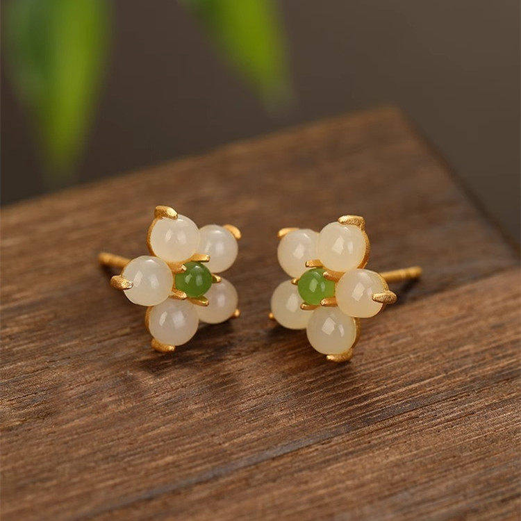 桃花耳钉925银玛瑙花朵鎏