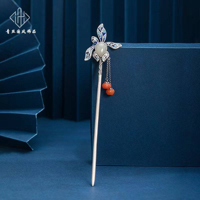 s925银盘发簪子覆古风高级感和田女款发饰品南方红流苏步节日礼品