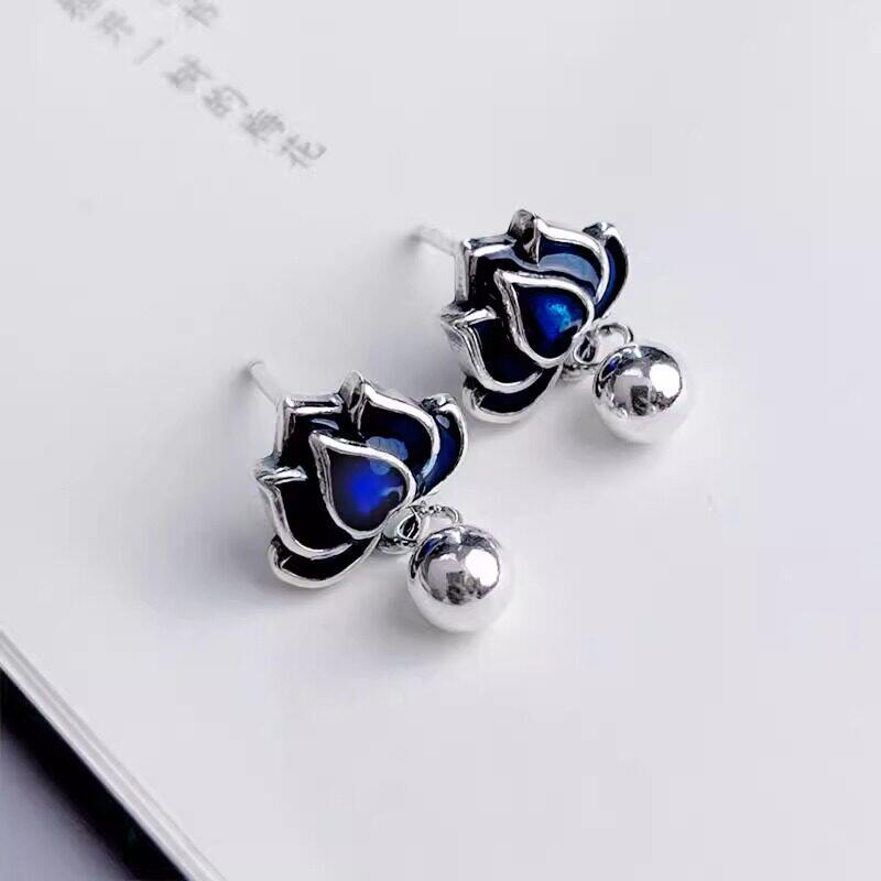 蓝莲花925银烧蓝耳环覆古