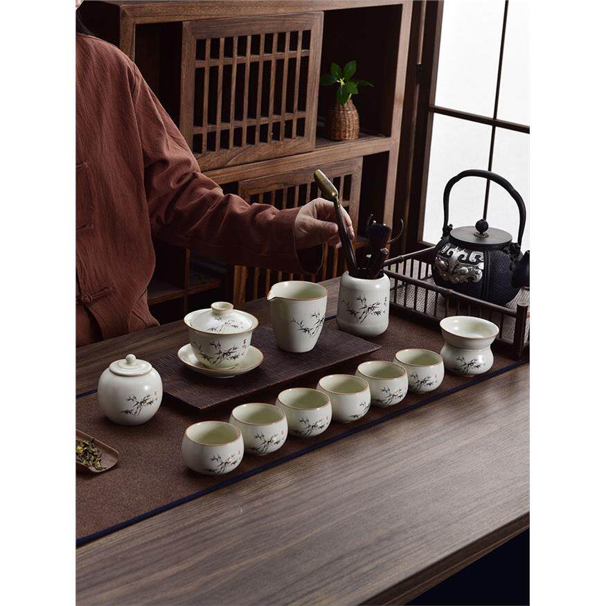 2026新款汝窑富竹功夫茶具套装家用轻奢高档陶瓷盖碗茶壶节日礼品