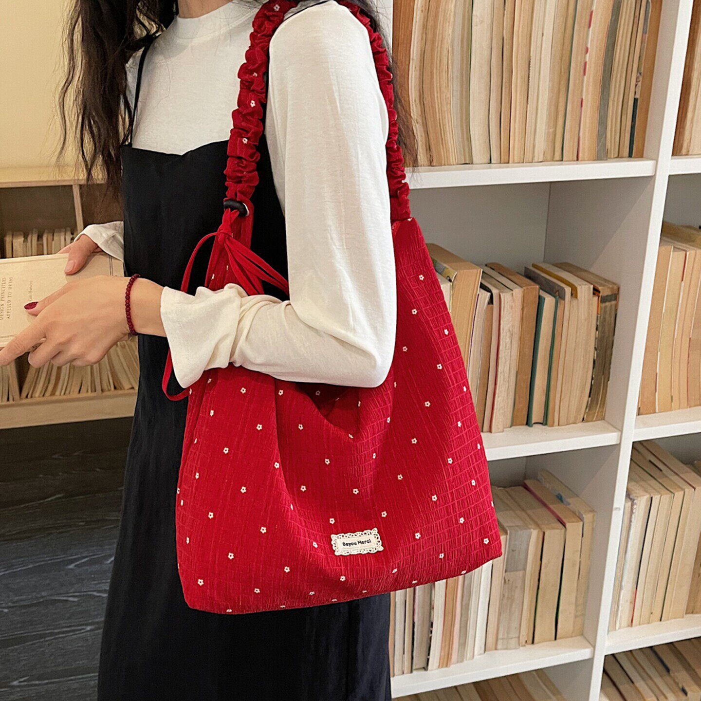 红色波点帆布包女款夏天休闲单肩斜挎包韩系慵懒风通勤百节日礼品