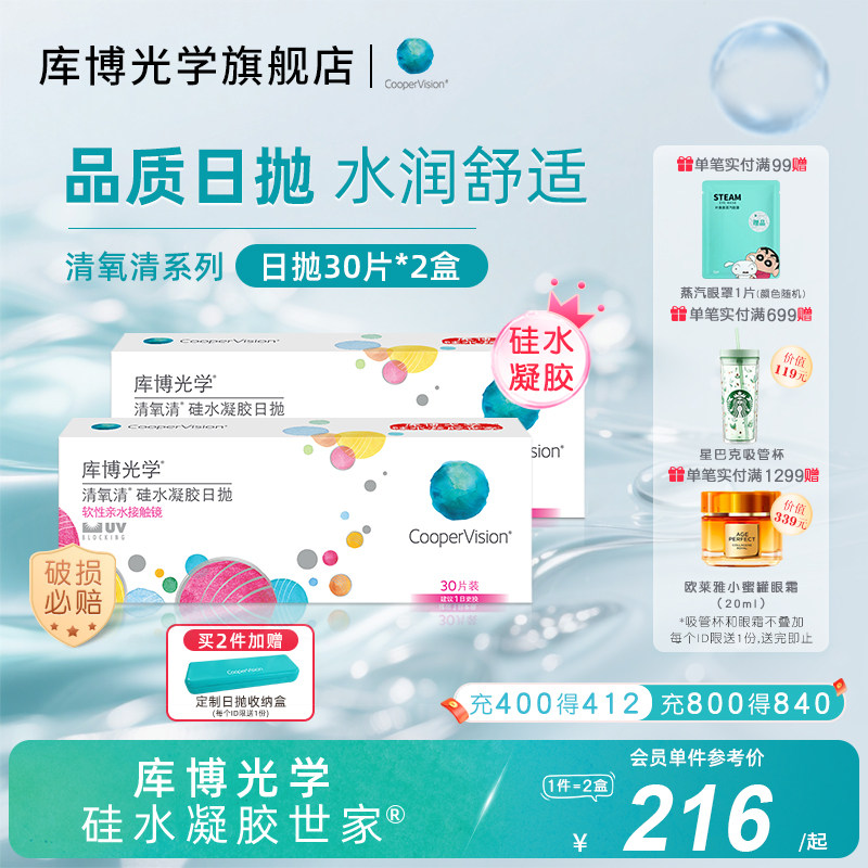 【30片*2盒】库博光学清氧清硅水凝胶日抛30片隐形近视眼镜