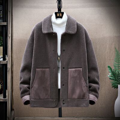 男生冬季潮流个性拼接大口袋颗粒绒翻领外套 2191