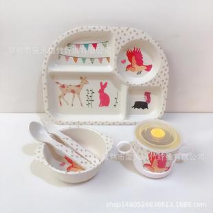 儿童卡通创意盘碗杯叉勺幼儿园餐厅餐具 宝宝竹纤维分隔餐盘套装
