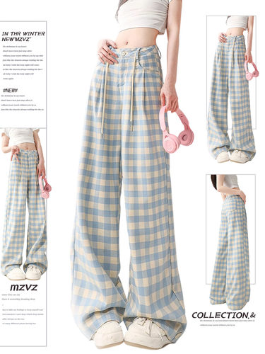 MZVZ多巴胺蓝色格子阔腿裤女夏季新款高腰宽松显瘦直筒休闲裤子潮