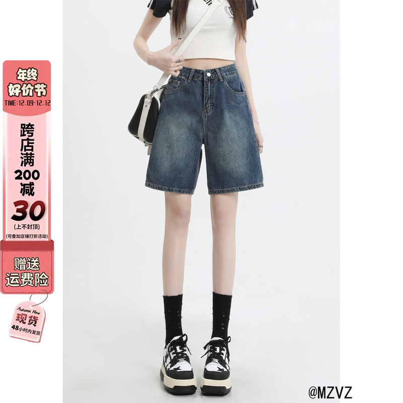 MZVZ小个子宽松牛仔短裤女夏季2023年新款高腰复古直筒显瘦五分裤